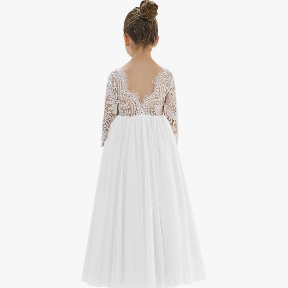 Girls White Lace Quarter Sleeve Long Tulle Dress - Picture 4 of 5